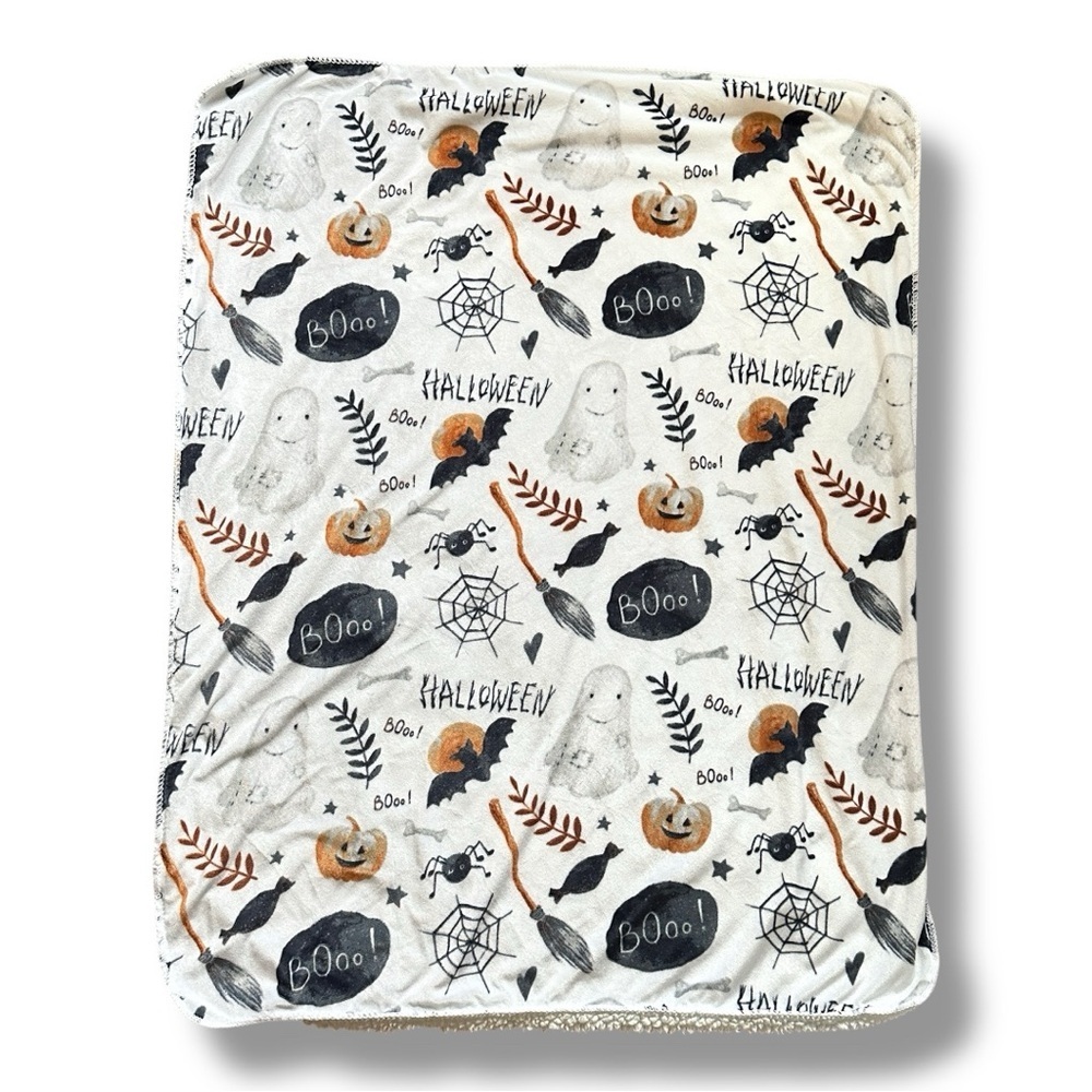 Halloween Lovey Ghost and Pumpkin White Patterned Blanket Baby Blanket Shearling